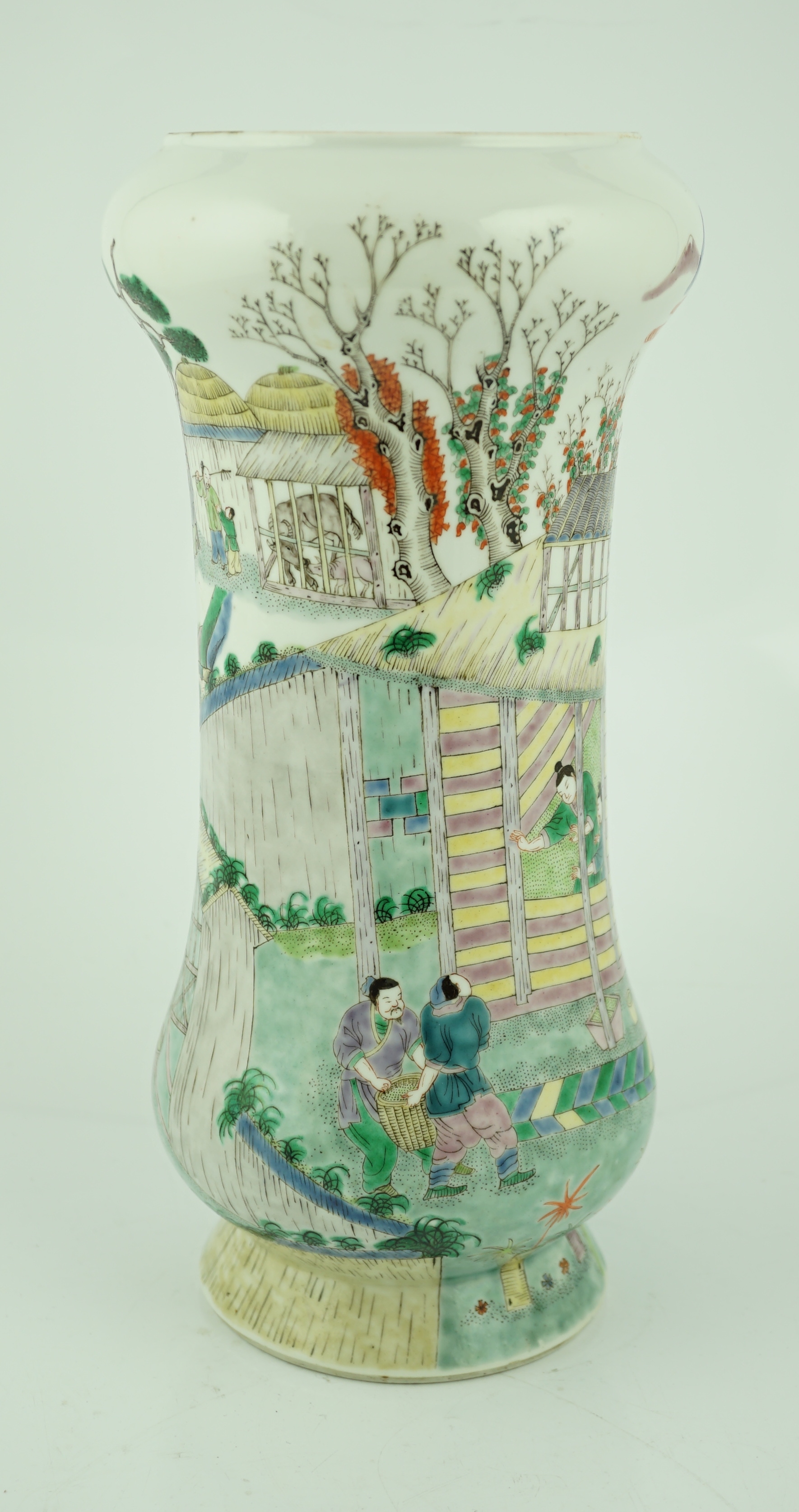 A Chinese famille verte ‘farming’ tall vase, Kangxi mark but late 19th century, crack to neck